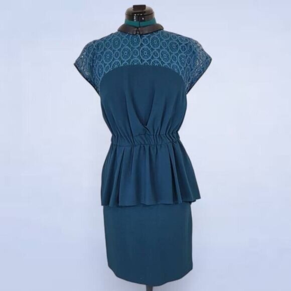 W118 by Walter Baker Teal Peplum Dress Lace and‎ Vegan Leather Trim - Size XS - Picture 1 of 8